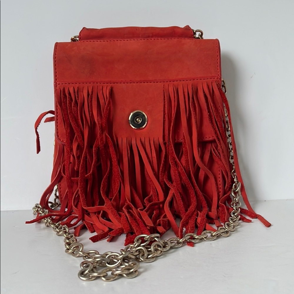 & Other Stories Orange Suede Fringe Crossbody Bag Boho Festival Purse Gold Chain - Picture 2 of 9